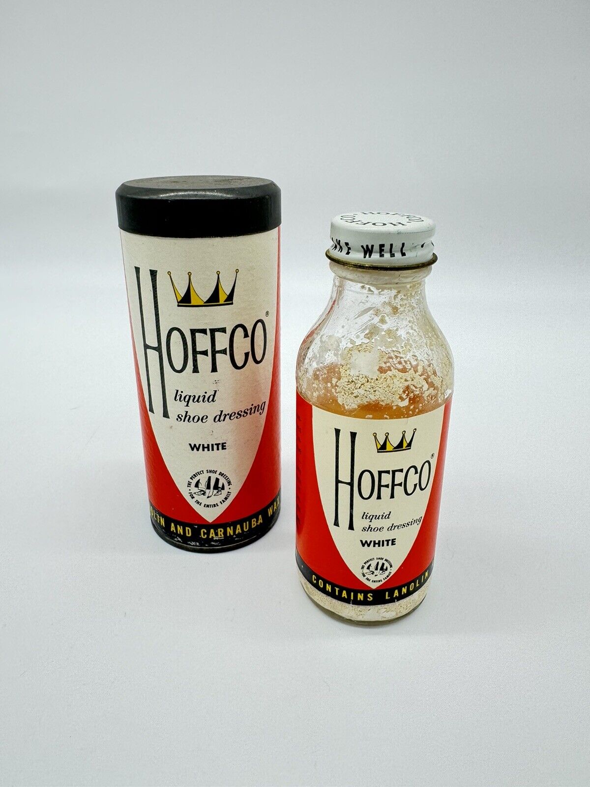 Vintage Hoffco Liquid Shoe Dressing (White)  Empty bottle Round Cardboard Sleeve