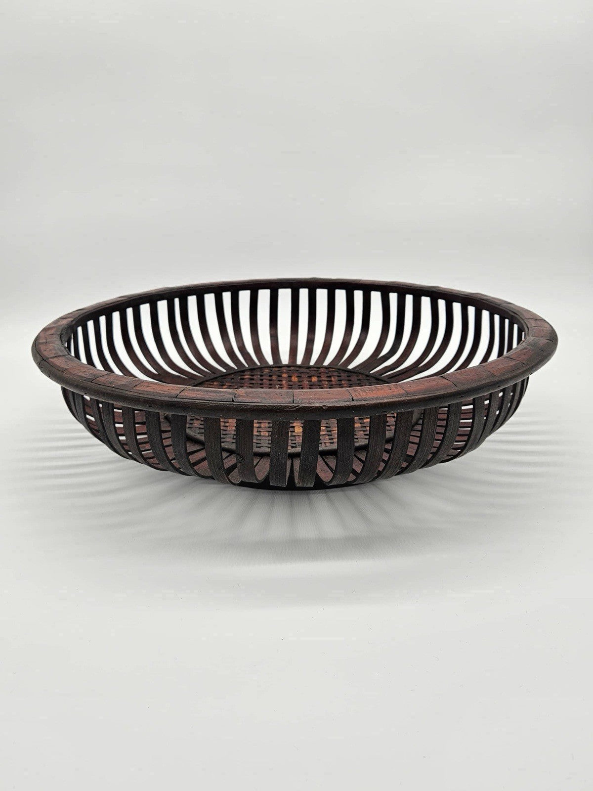 VTG Rattan Woven Basket Trim Slanted Wood Mid Century Modern Oval Hanging Art