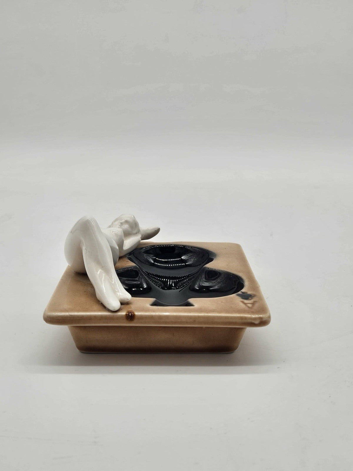 Vintage Risqué Nude Woman Ceramic Ashtray MCM Black Spade Dish