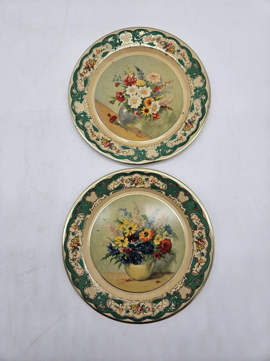 2 VTG Daher Decorated Ware Metal Plates Made In Holland Floral Decor