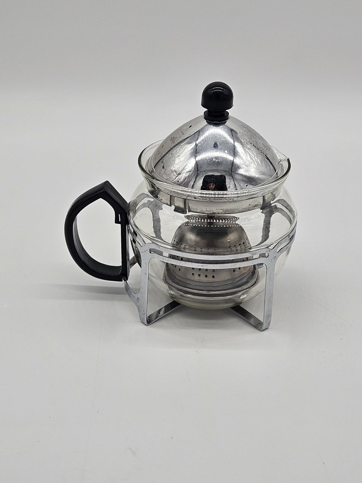 Vintage Glass Teapot Warmer Set Tea Infuser Stand Chrome Frame