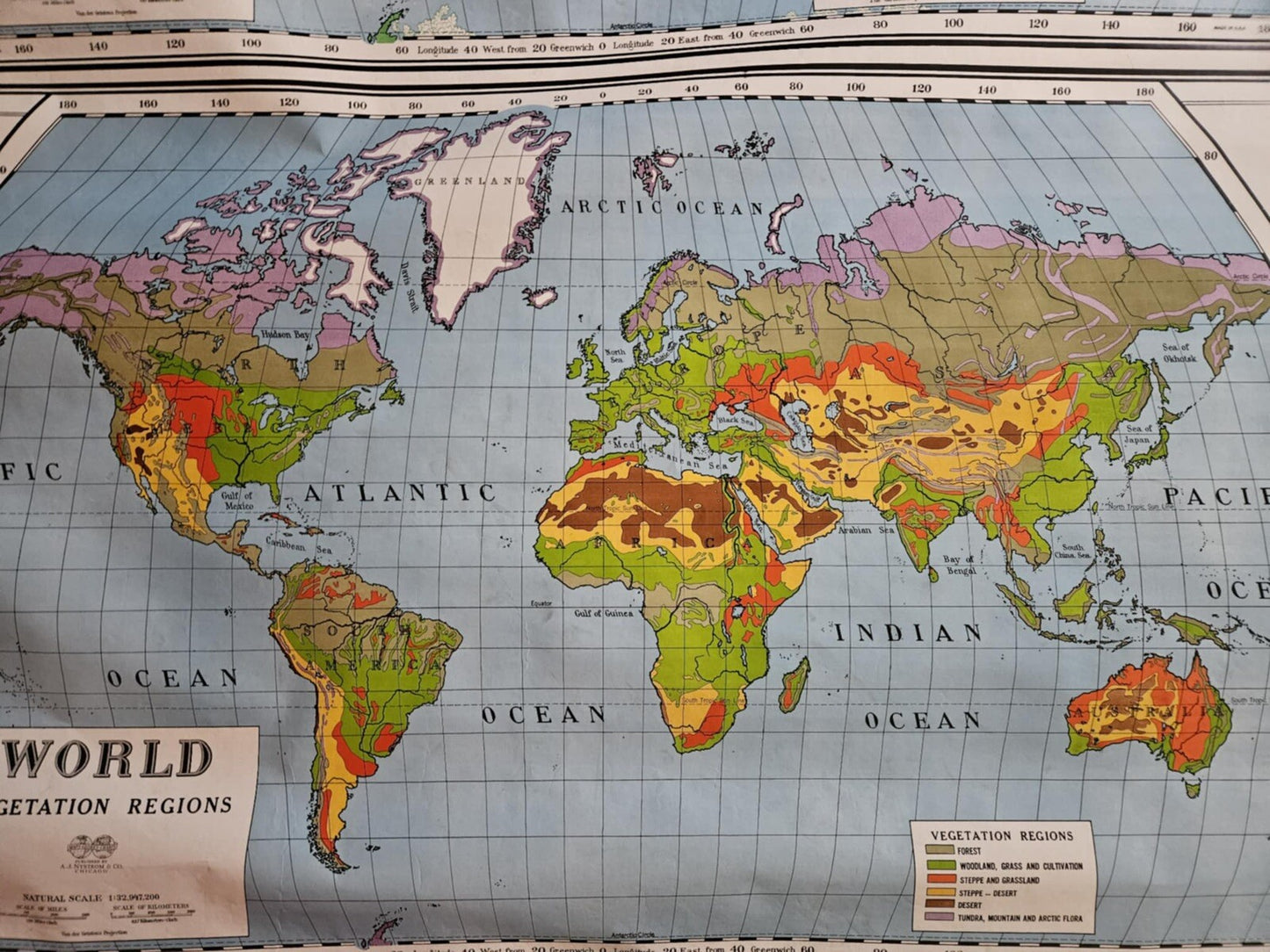 A.J. Nystrom & Co 60's Map Temperature & Vegetation World Map No.2 Pull Down 55"
