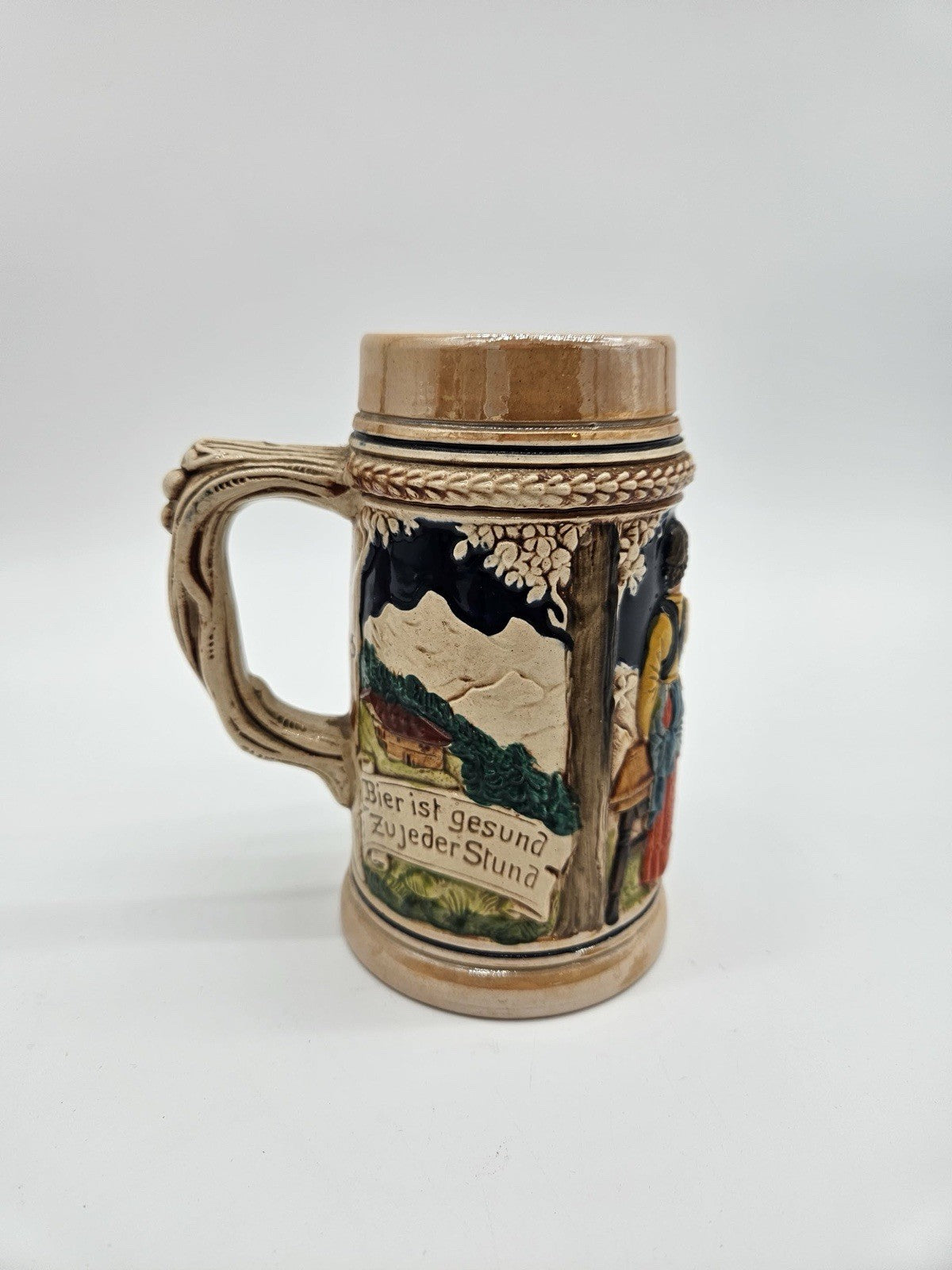 Western Germany Beer Stein 7"Luster German Writing Raised Design Man Woman & Dog