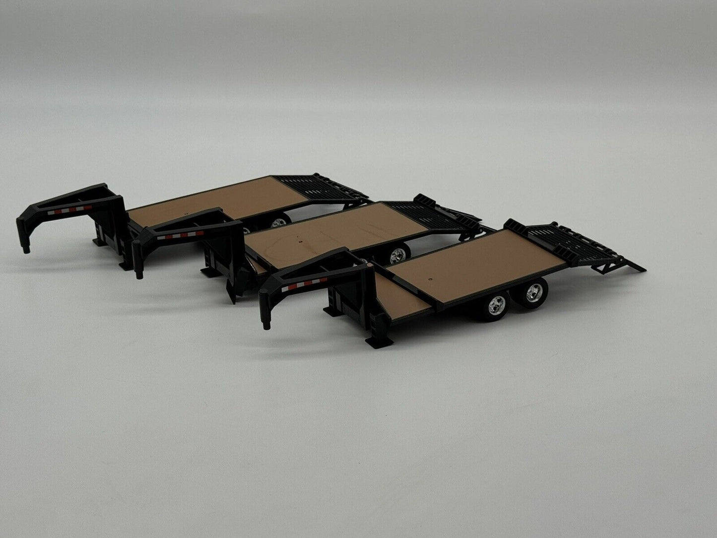 Lot Of 3 Tomy/Ertl Toys 11” Plastic Skid Steer Flatbed Gooseneck Trailer W/Ramps