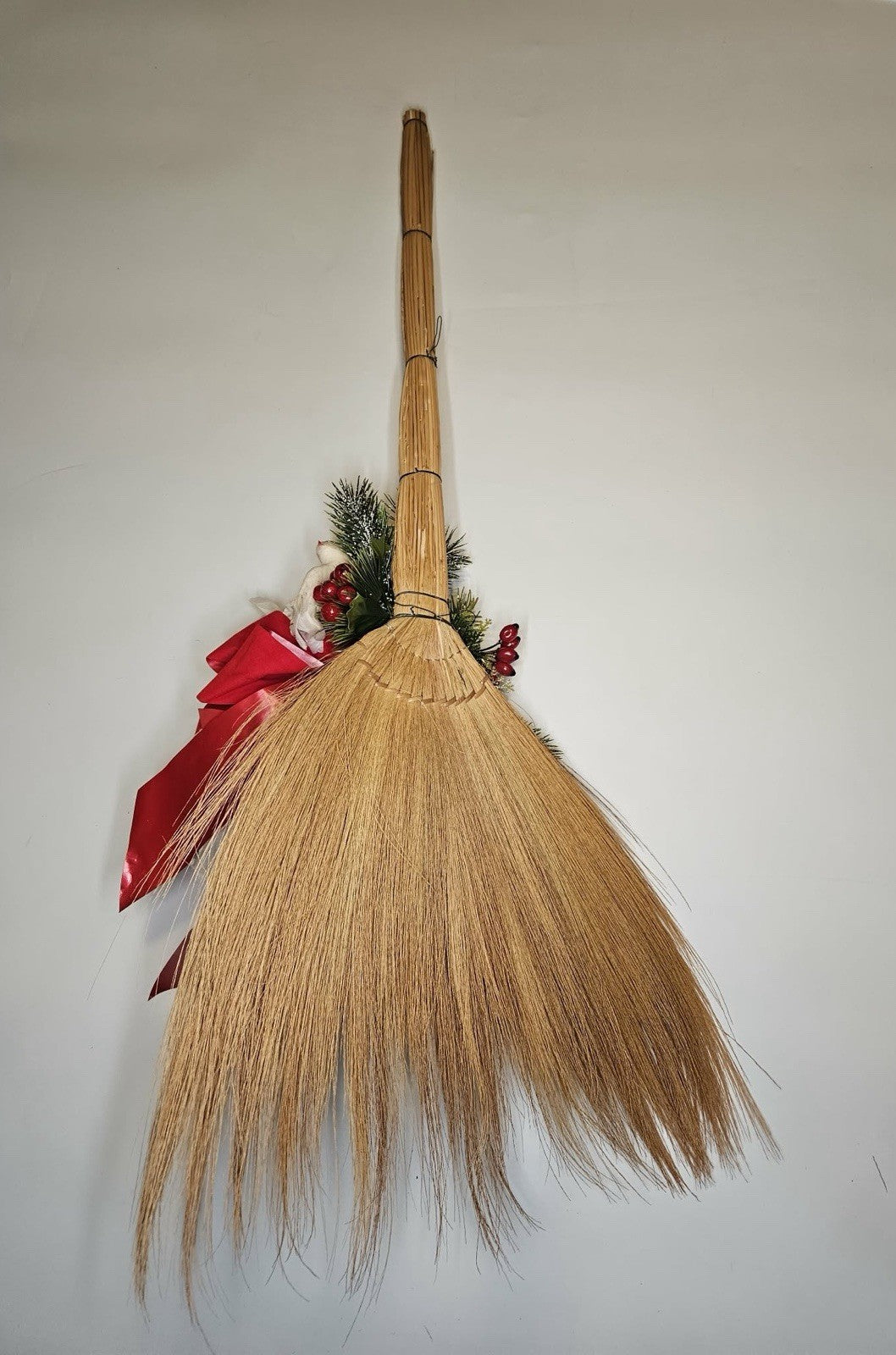 VTG Christmas Straw Broom Door Decoration Flocked Holiday Accents