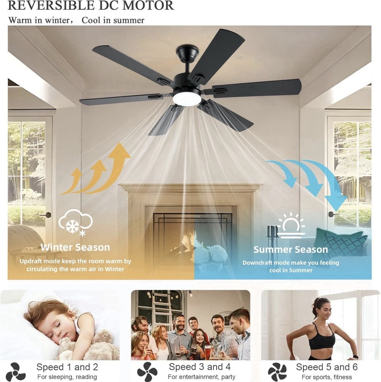 56Inch Black Ceiling Fans with Lights and Remote/App Control, Dimmable LED, Reve