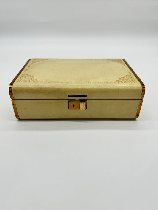 Vintage Farrington Jewelry Box Genuine Texol Cream & Burgundy Lining 10x6