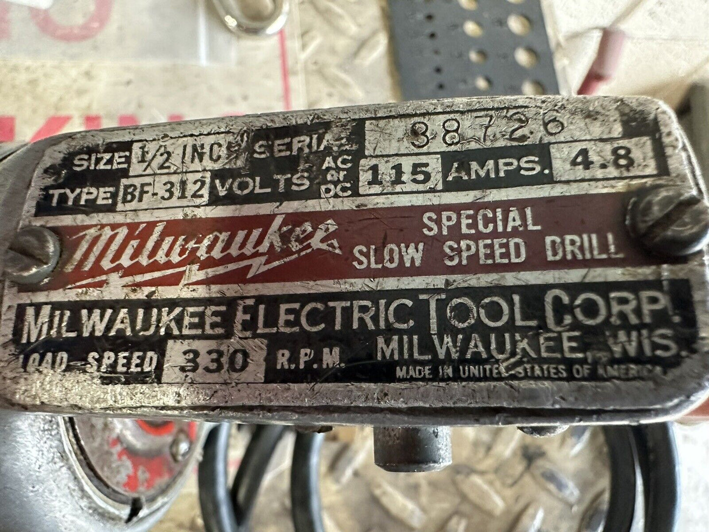 Milwaukee Model BF-312 Vintage 1/2" Special Slow Speed Electric Drill Tool WORKS