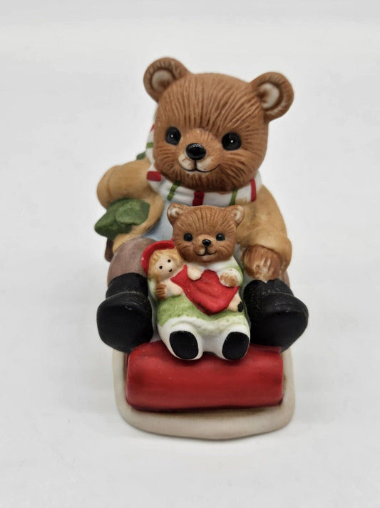 Vintage Homco #5102 Christmas Teddy Bears Riding Sled w/ tree