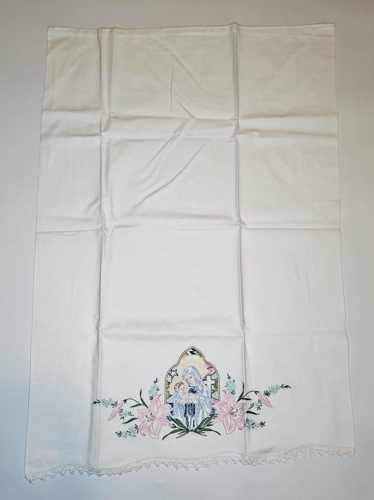 Title: Vintage Hand-Embroidered Religious Linen Runner