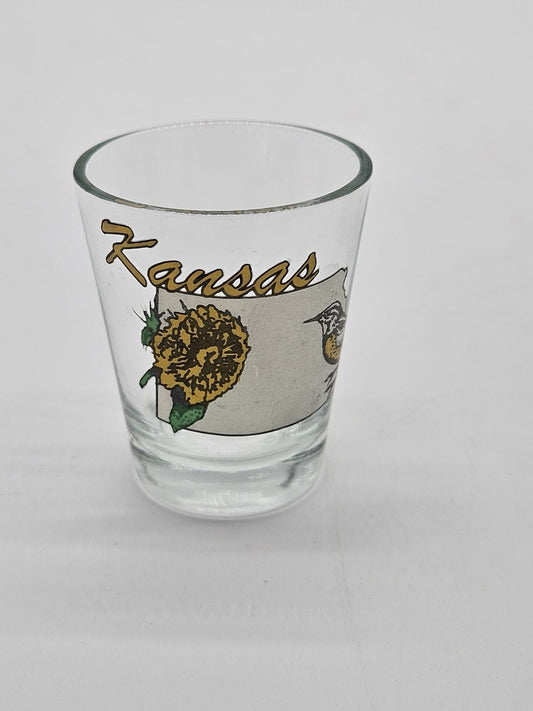 KANSAS SHOT GLASS STATE FLOWER BIRD OUTLINE VINTAGE TRAVEL SOUVENIR JENKINS ENT.
