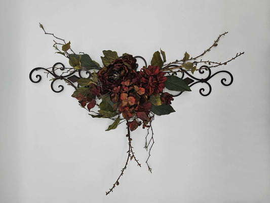 Metal Scroll Wall Décor with Faux Floral Arrangement Burgundy Red Fall Swag