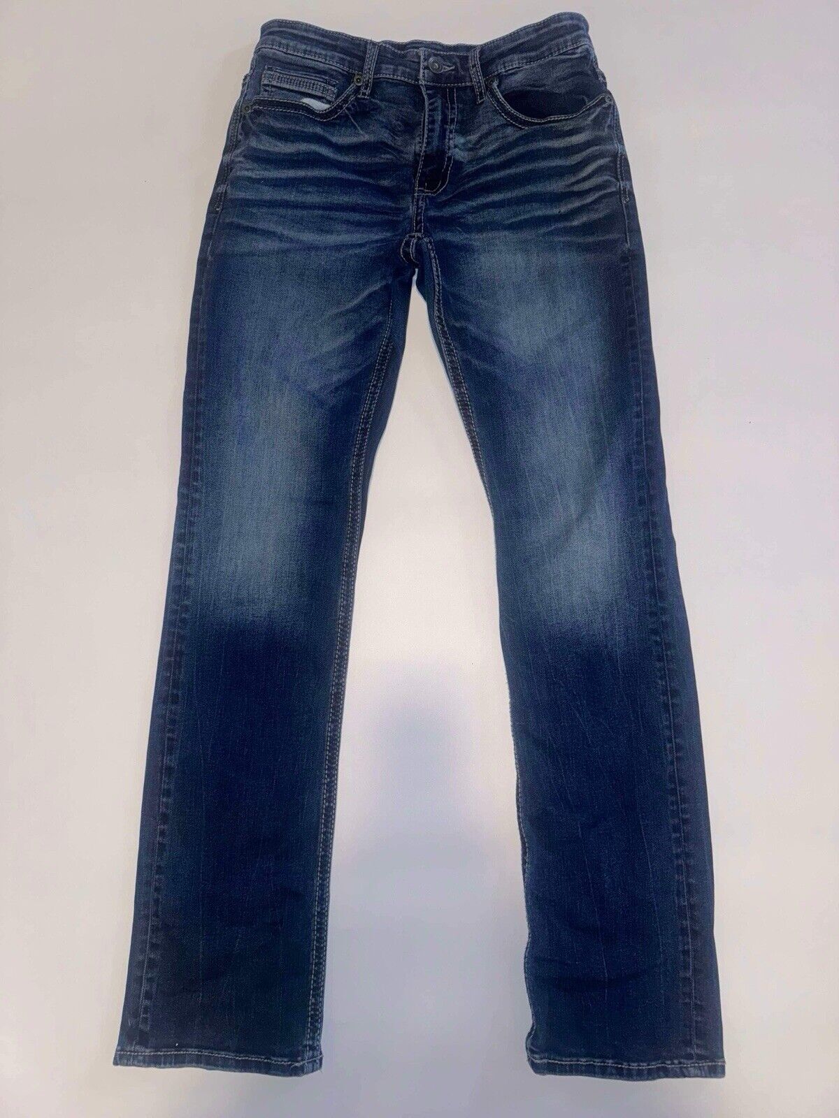 BKE Mens 31 x 34 Jeans Derek Straight Leg Blue Dark Wash Faded High Rise Denim
