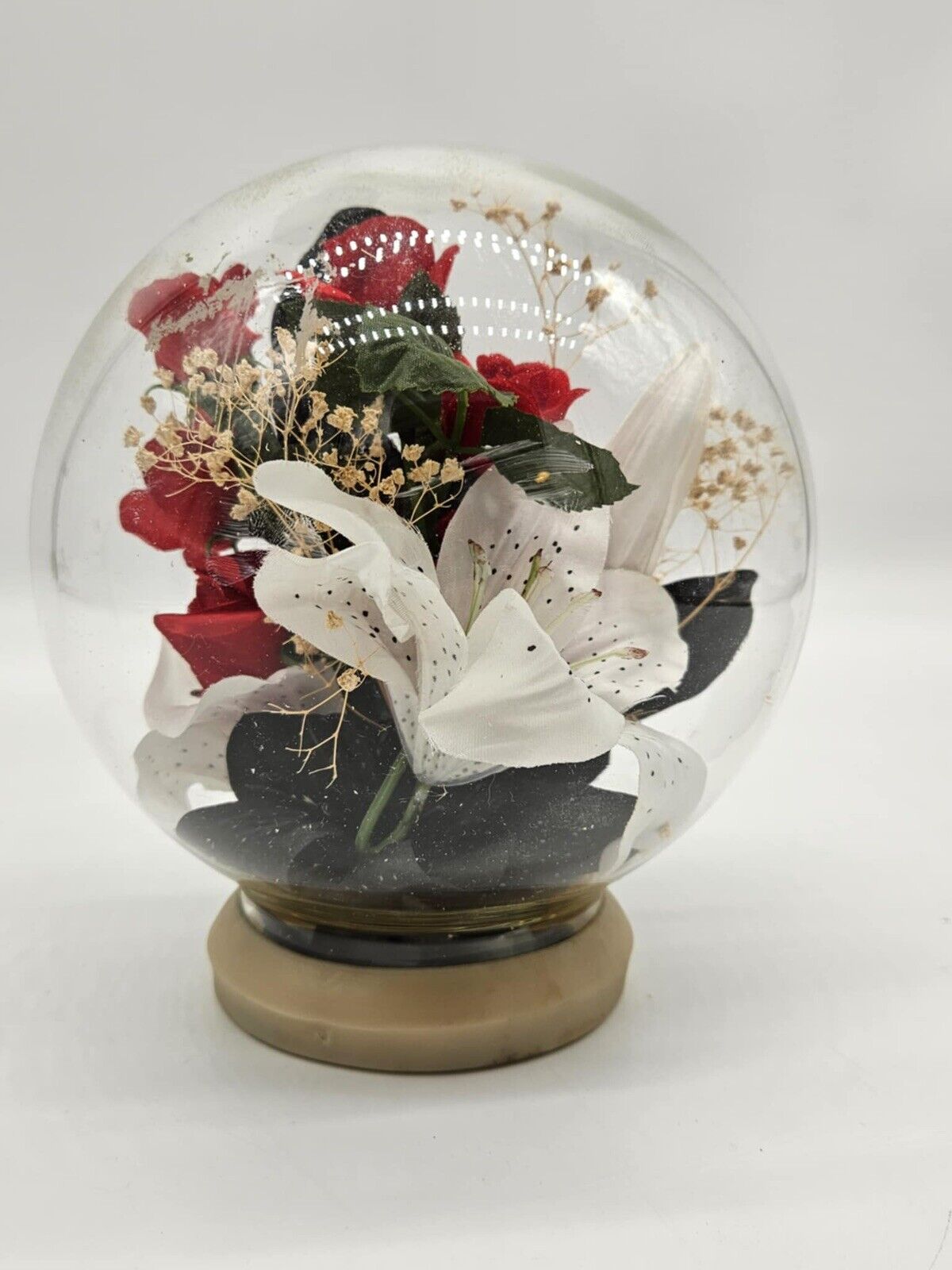Vintage Floral Glass Globe Terrarium W/ Red Flower Centerpiece