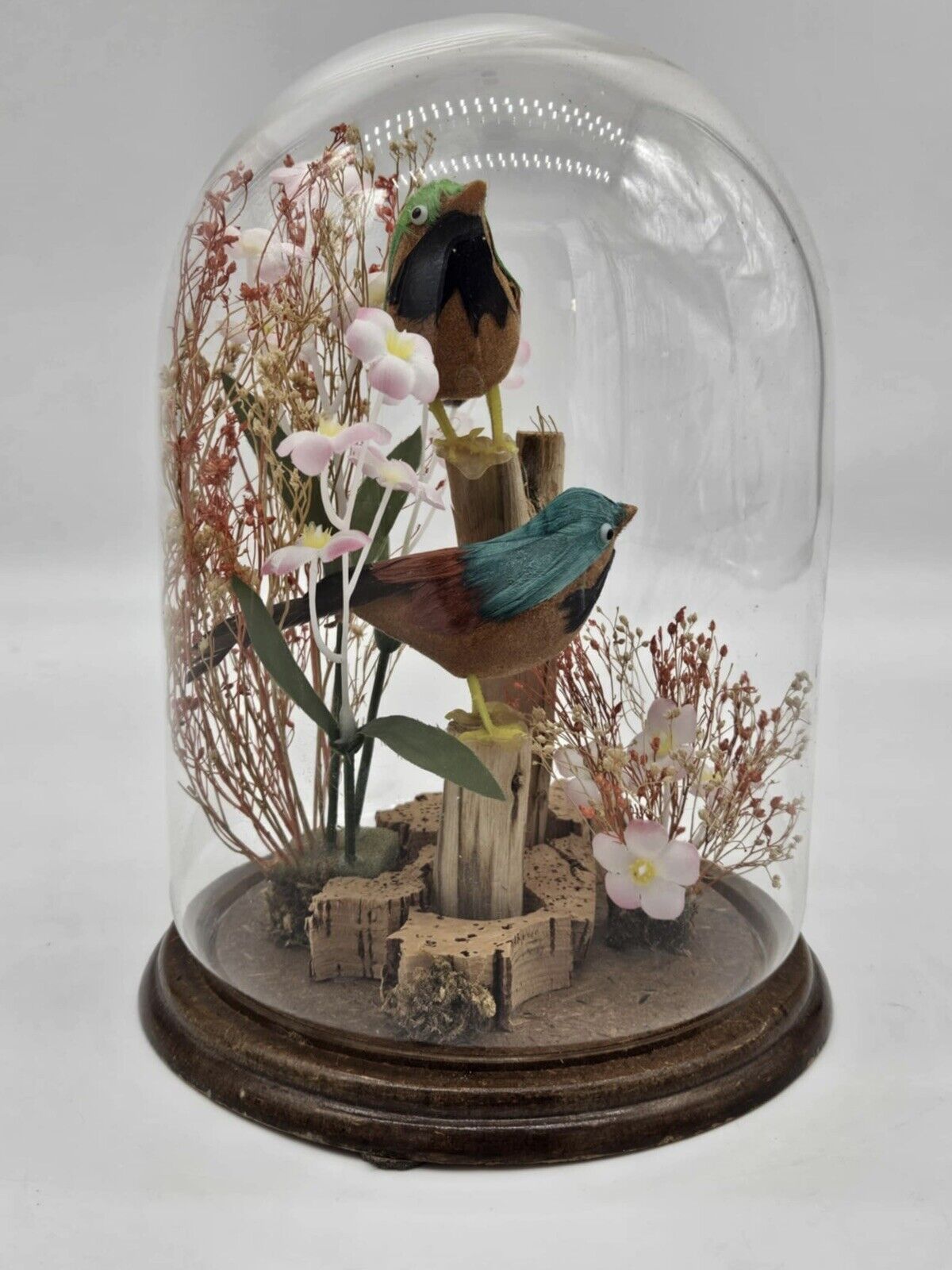 Vintage Birds on Wood with Flowers Under Glass Dome Cloche