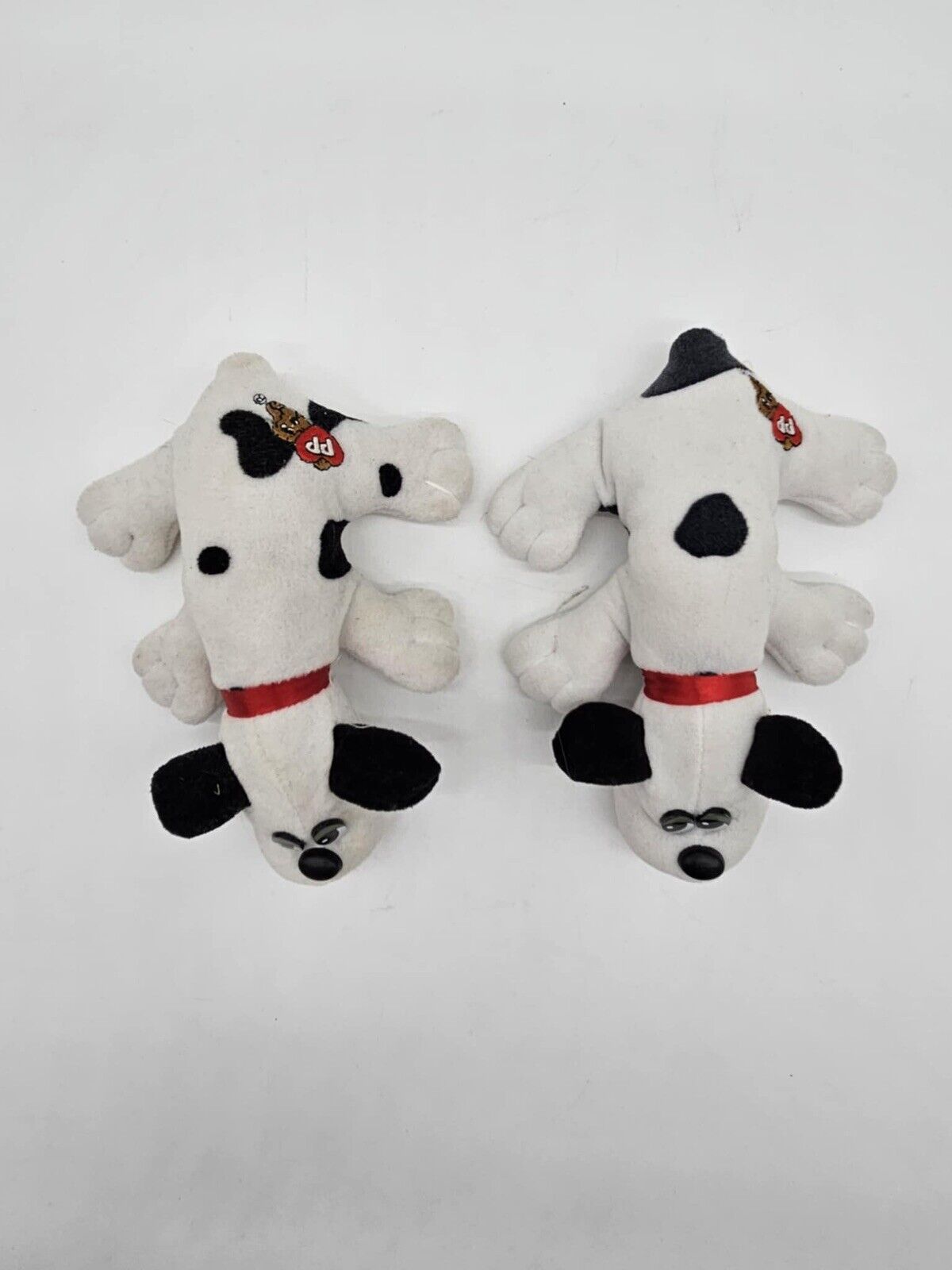 Set of 2 Vintage Tonka Pound Puppies Plush 7” WHITE/BLACK SPOTS Red Collar 1980s