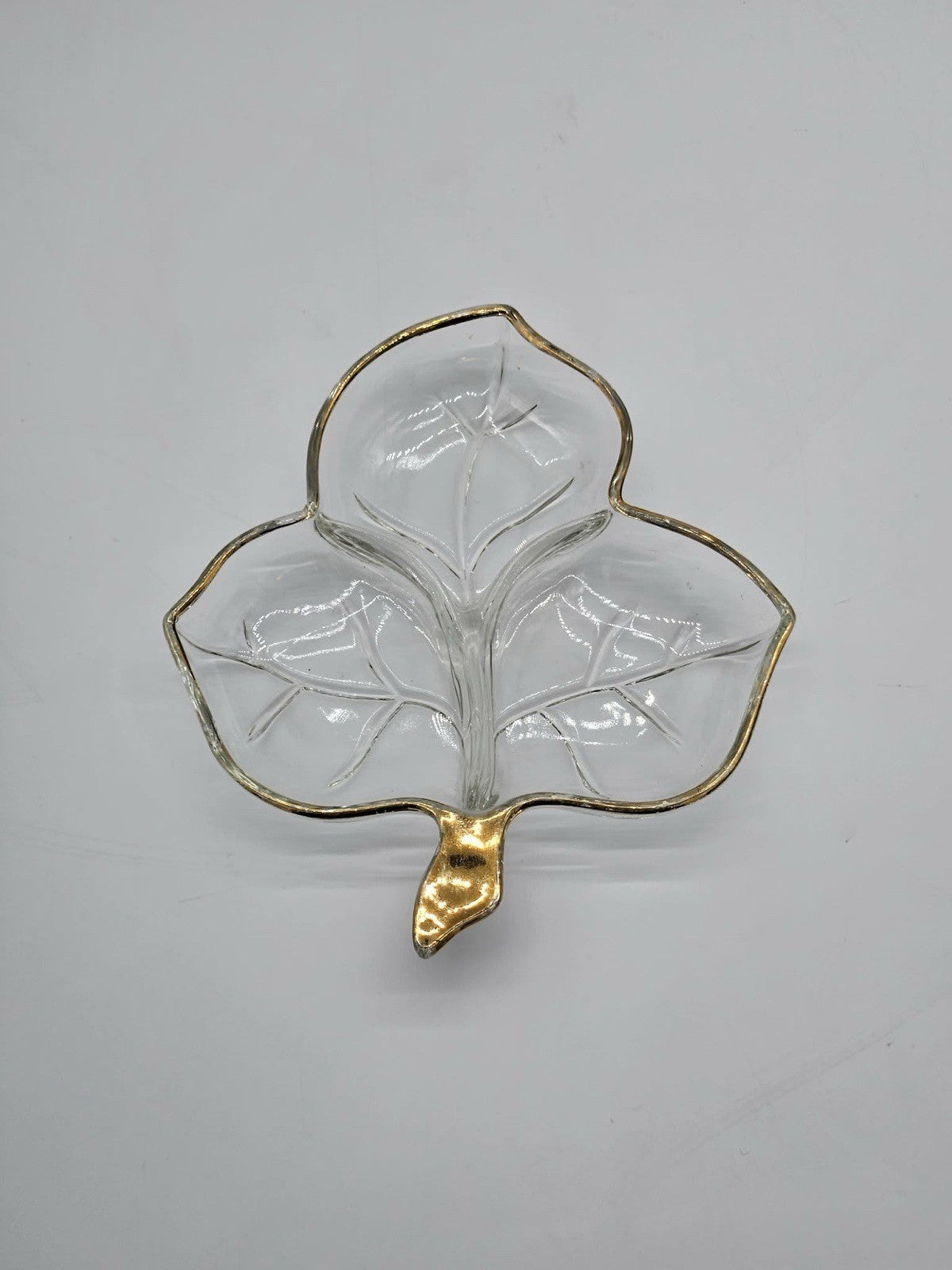 Vintage Clear Glass Gold Trimmed Maple Leaf Shape Divided Candy/Nut Dish