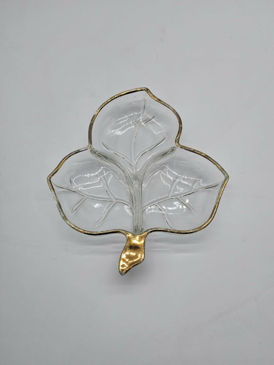Vintage Clear Glass Gold Trimmed Maple Leaf Shape Divided Candy/Nut Dish