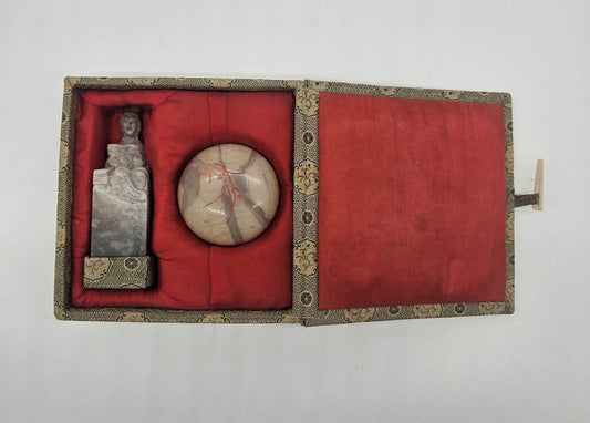 Vintage Shoushan Dragon Seal Stone with Red Ink Paste in Stone Container