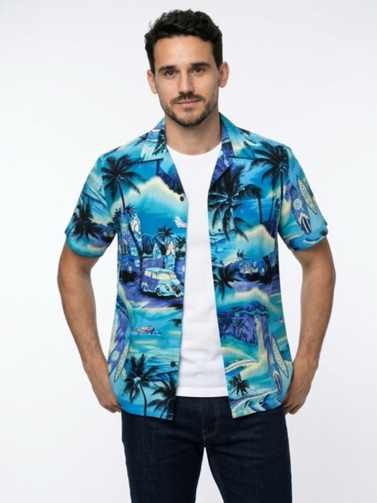 Vintage Style Blue Hawaiian Shirt Surf Beach Scene Button Up Men’s Sz L