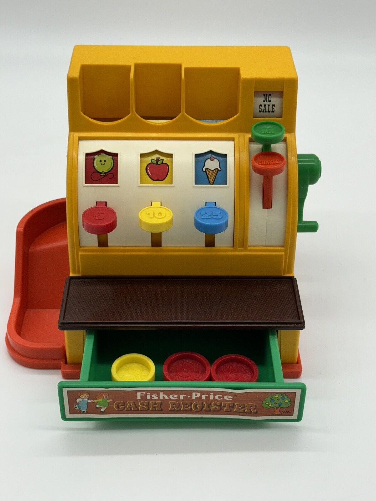 VINTAGE 1974 Fisher Price CASH REGISTER with WORKING BELL WITH  3 COINS