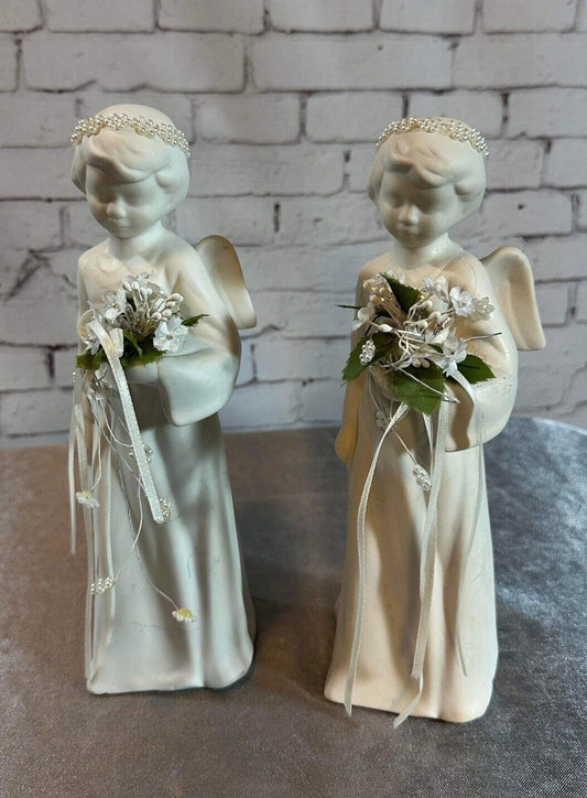 2 White Ceramic Bisque Angel Night Table Light Deco 10” Halo Lighted Flowers VFG