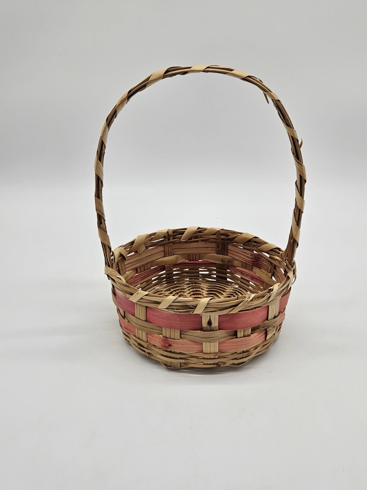 Vintage 1950's/60's Bamboo Wicker Pink  Splints Easter Basket Oval