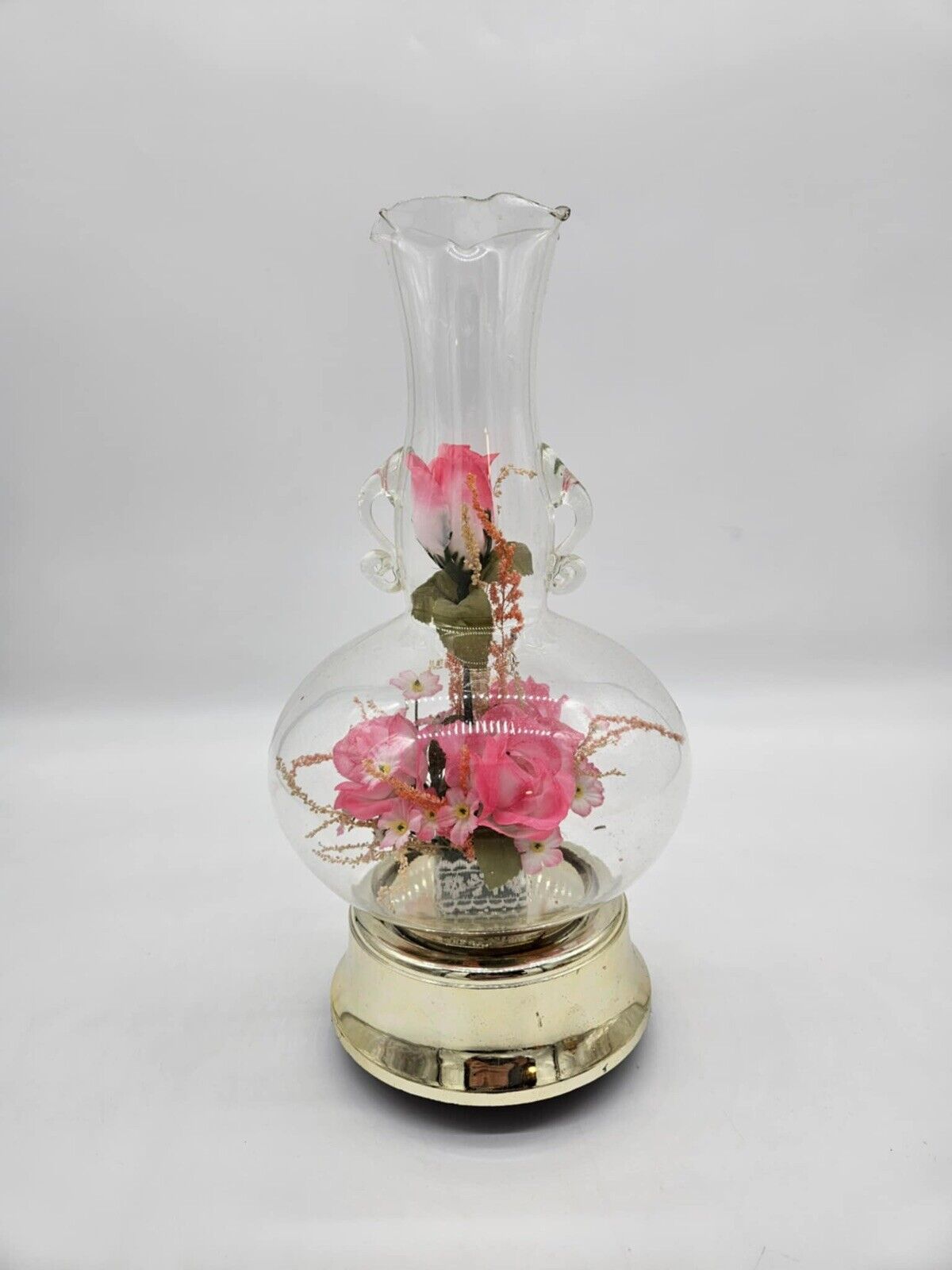 Vintage 1980’s lighted , musical, rotating floral red rose in glass vase