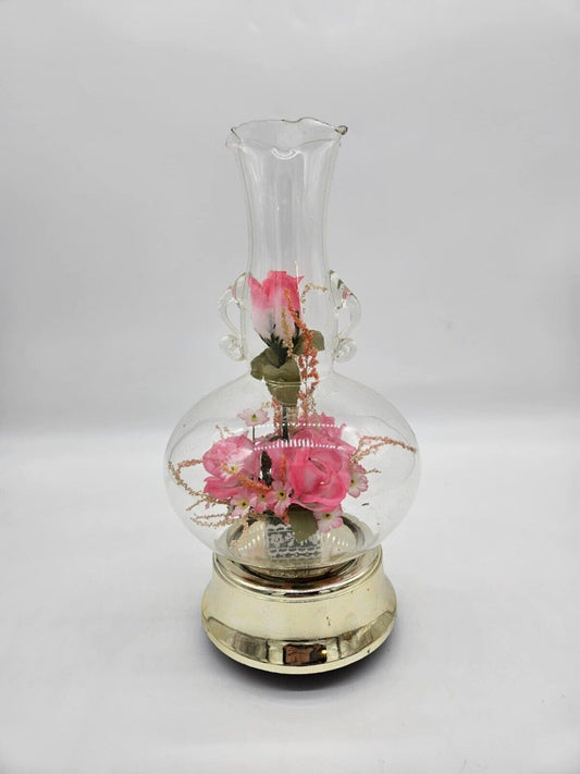 Vintage 1980’s lighted , musical, rotating floral red rose in glass vase