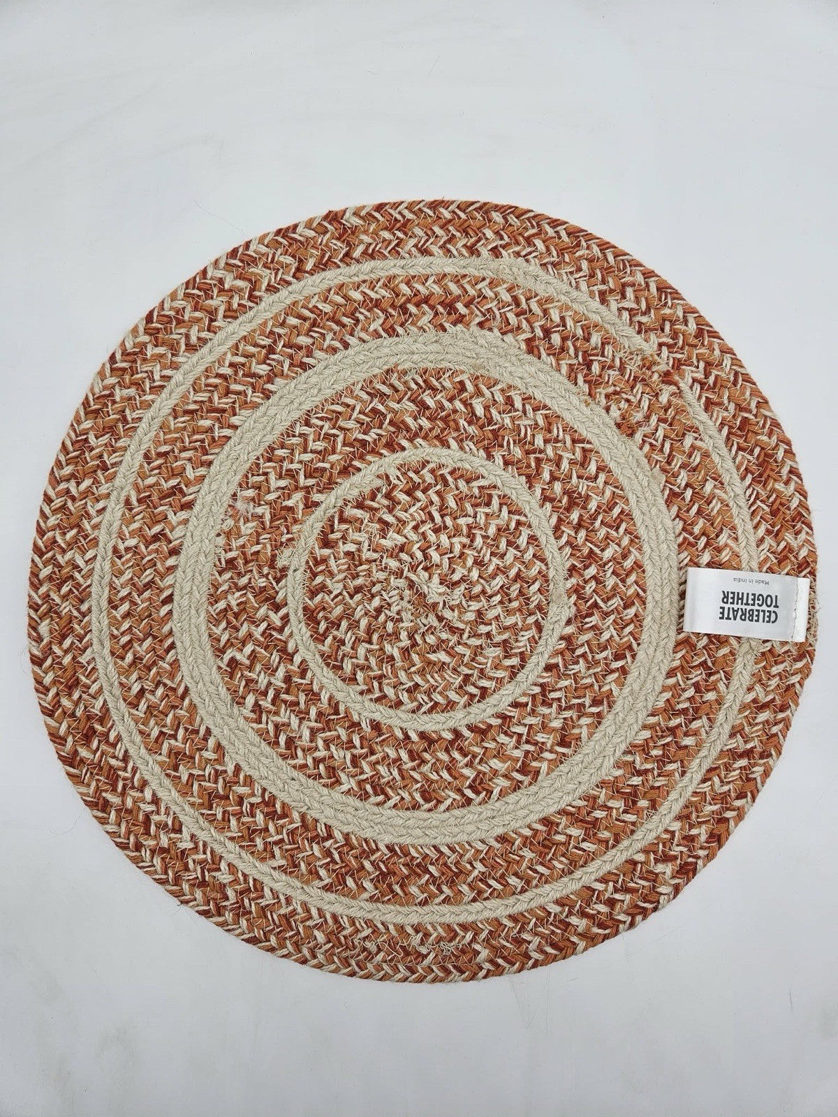 Small Round Braided Jute  Mat Orange Tan Boho