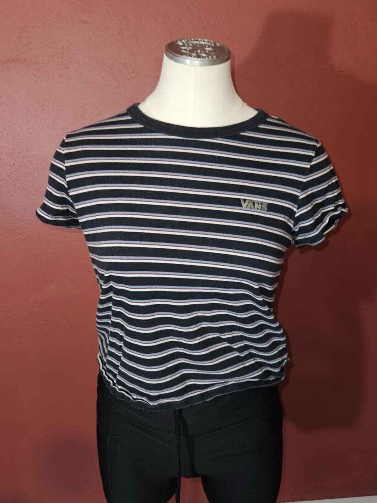 VANS Striped Retro Style Crop T Shirt Juniors Girls SM Black White Short Sleeve