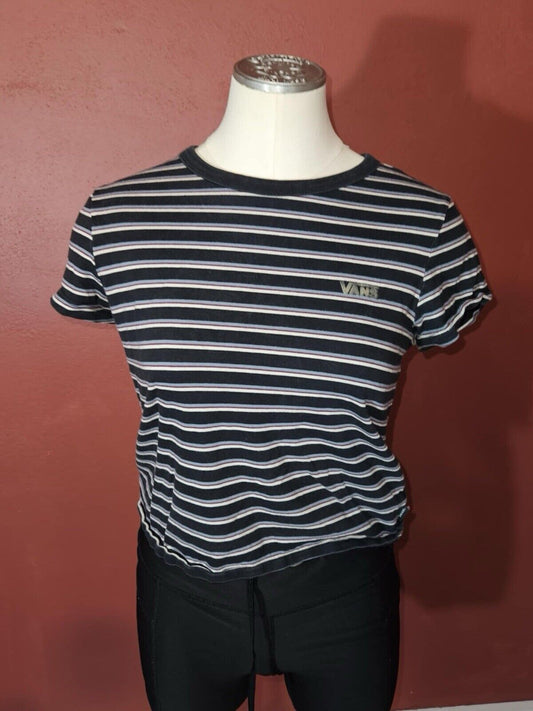 VANS Striped Retro Style Crop T Shirt Juniors Girls SM Black White Short Sleeve