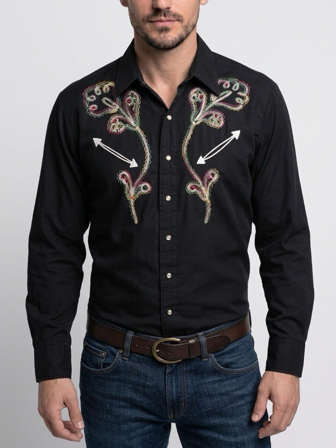 Sears Western Wear Pearl Snap Cowboy Shirt Black Floral Large