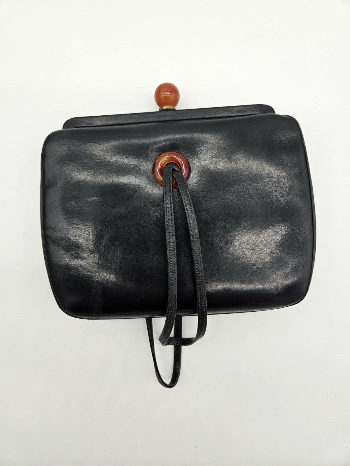 Vintage Black Leather Handbag Bakelite Ball Clasp Purse