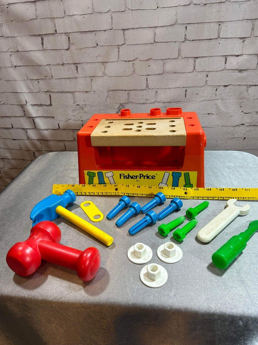 Fisher Price # 927 Wood Plastic Work Bench With Tools Ruler Hammer 1980 VTY FNF