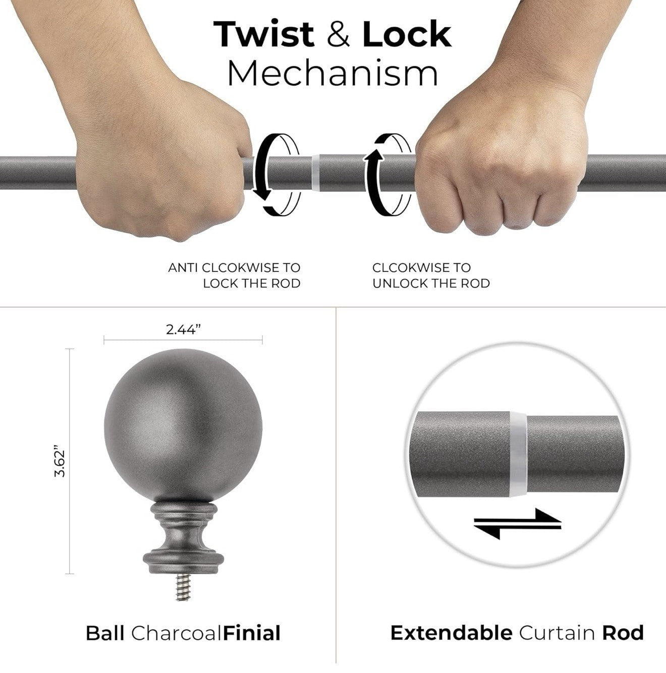 Deco Window 1 Pc 36”-66” Extendable Double Curtain Rod with Bracket