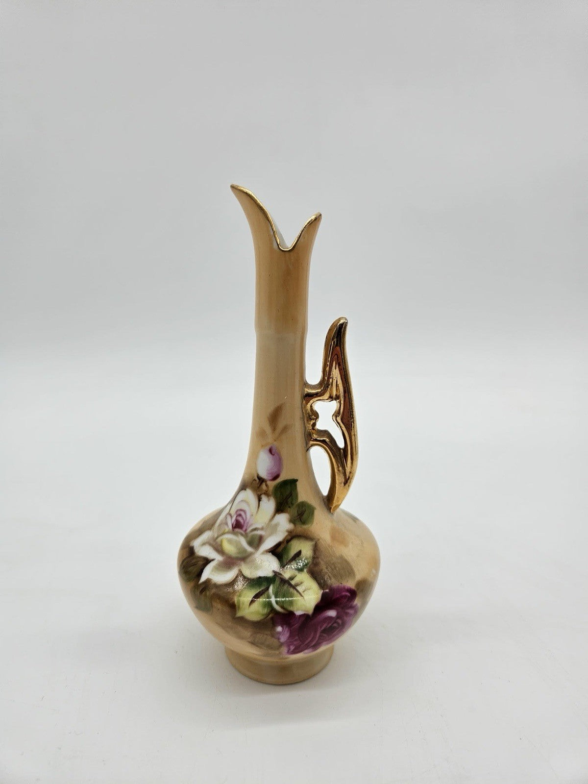 Lefton Hand Painted Green Floral Mini Bud Vase Pitcher Gold Trim 5.5 Inch