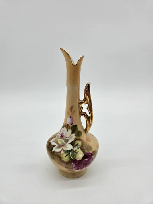 Lefton Hand Painted Green Floral Mini Bud Vase Pitcher Gold Trim 5.5 Inch