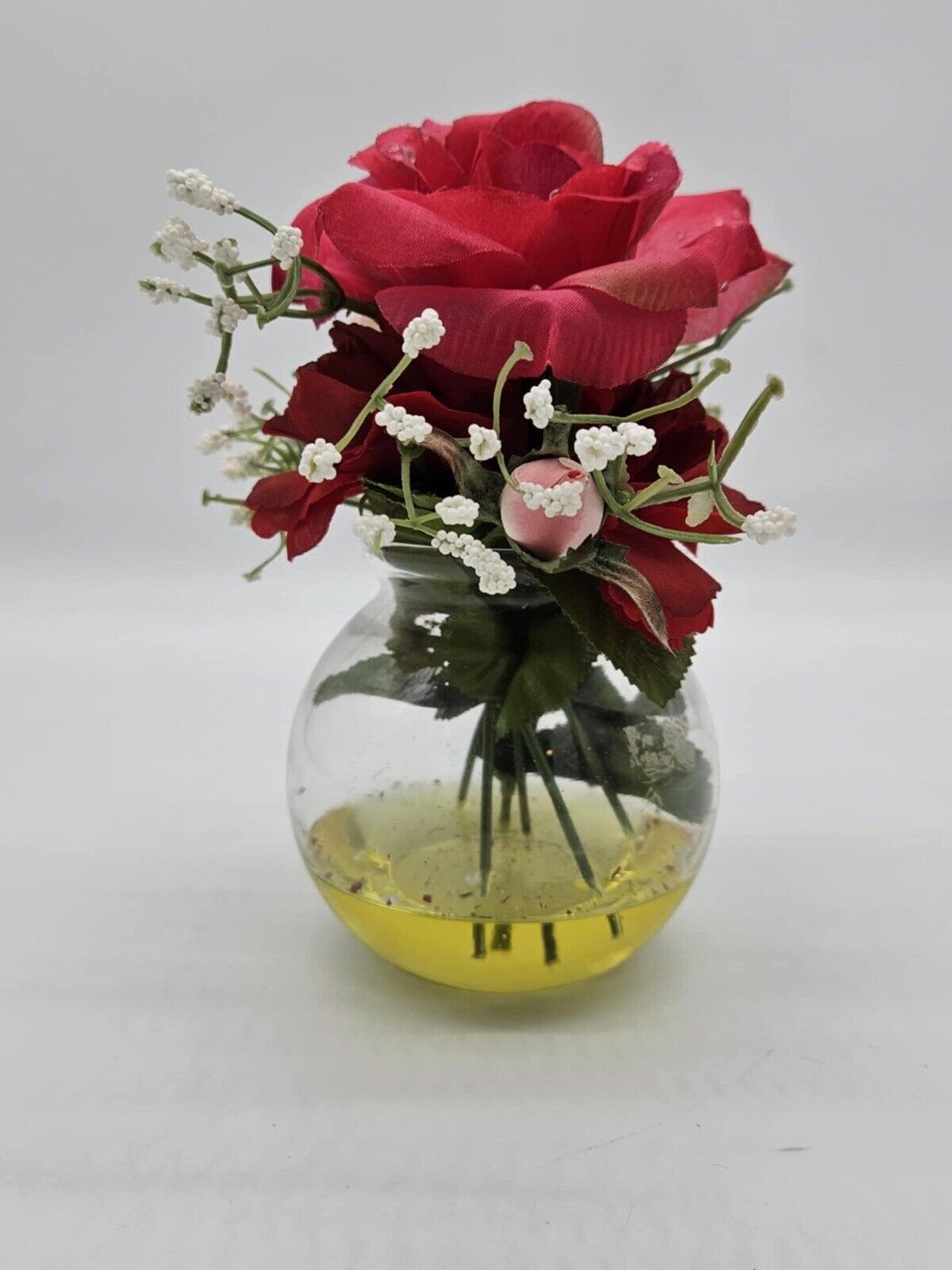Flower Display Faux Pink Roses in Glass Rose Bowl Ornament Resin Water