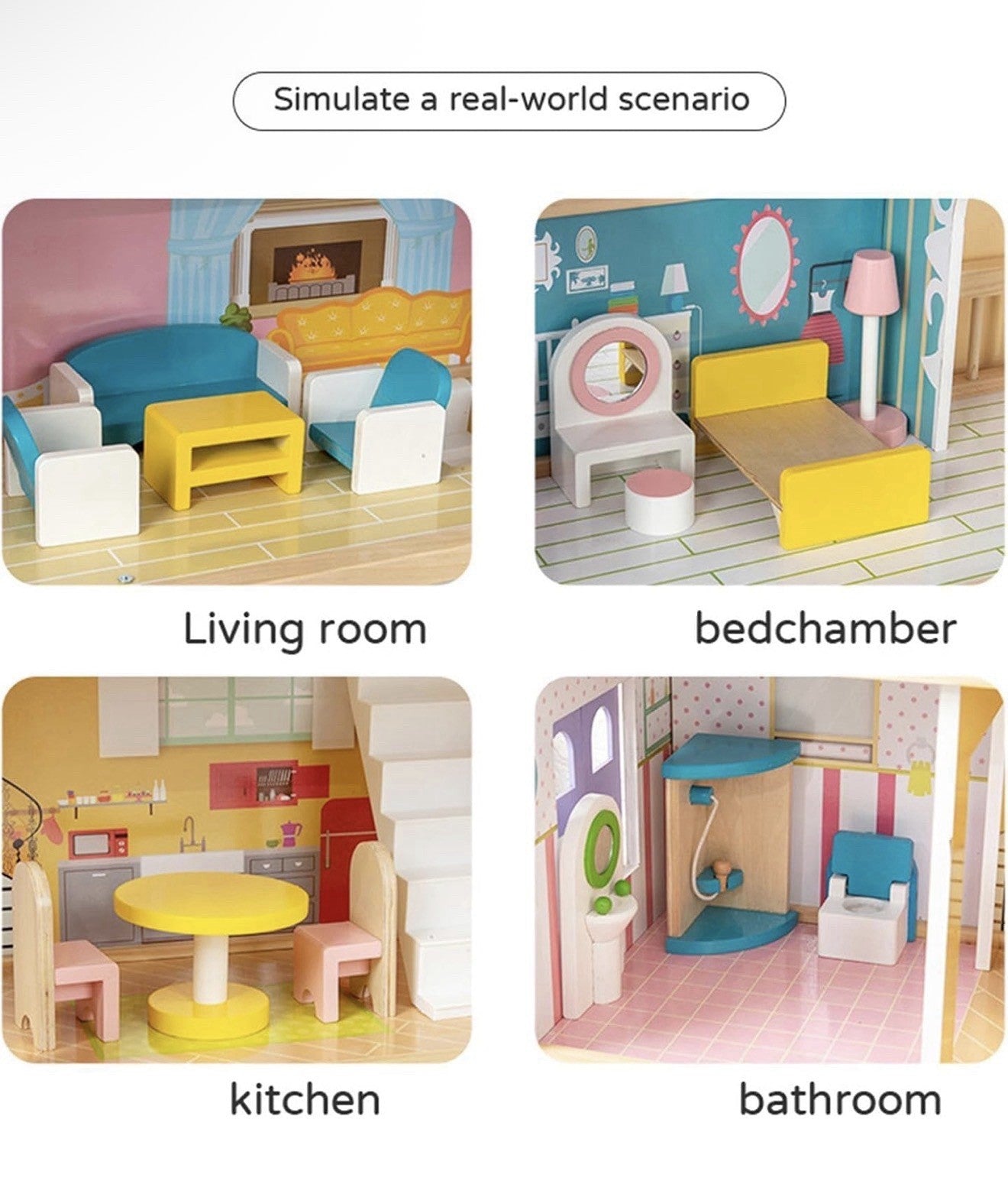 Wooden Dollhouse for Girls with Furniture & Accessories, Playset, Pretend Hou...