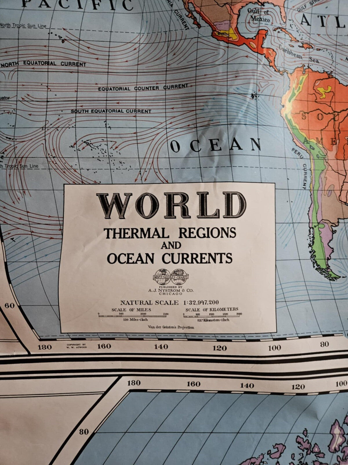 A.J. Nystrom & Co 60's Map Temperature & Vegetation World Map No.2 Pull Down 55"