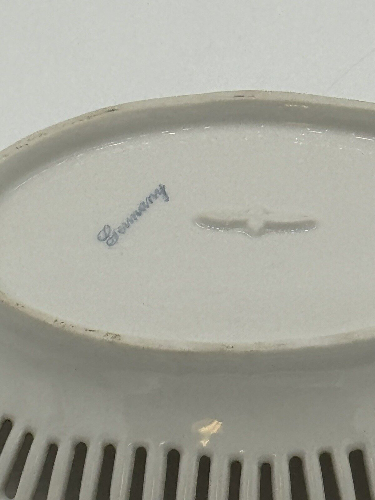 Reticulated German Porcelain Dish White With Gold Trim & Handles Stamped