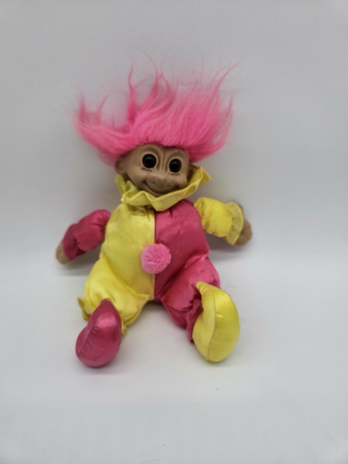 Russ Berrie Troll Doll Clown Jester Soft Body Pink Yellow Play-suit Pink Hair