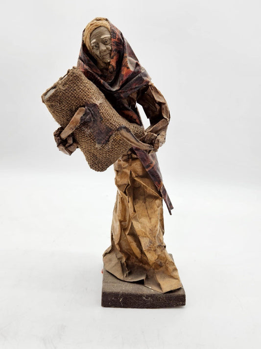 Vintage Mexican folk art paper Mache Old Woman Holding Burlap Sack