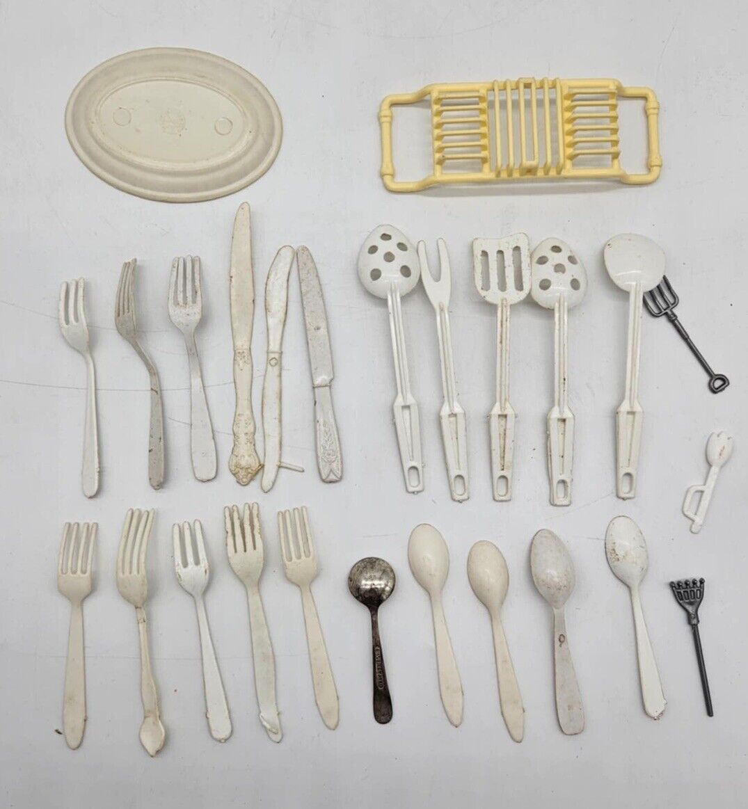 Vintage Dollhouse Miniature Kitchen Utensils With Tray Plastic / Wood