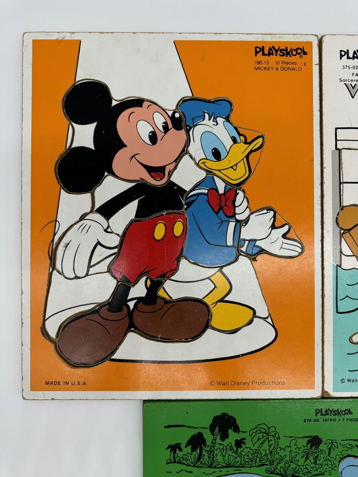 Lot of 3 VTG Walt Disney Mickey Fantasia Hippo Playskool Wooden Puzzles