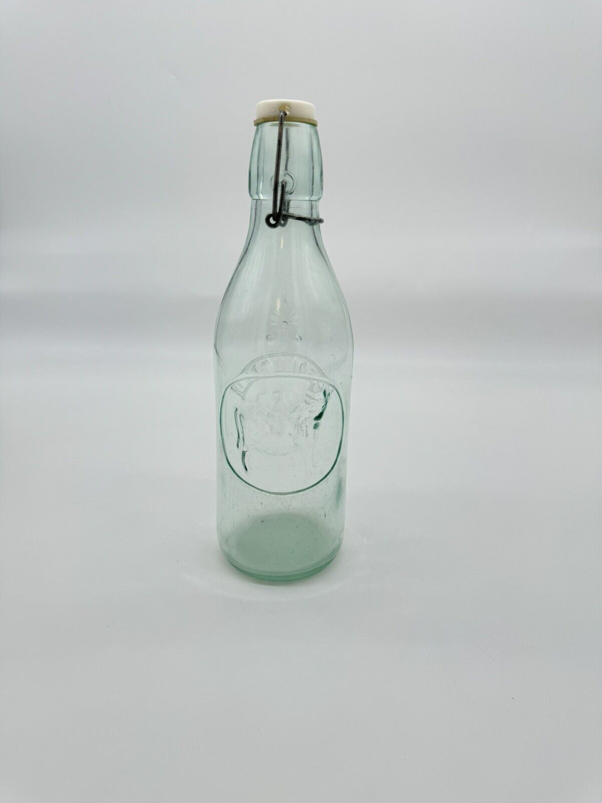 Vtg Absolutely Pure Milk Clear Glass Bottle Wire Rubber Stopper 3D Cow 11.5"