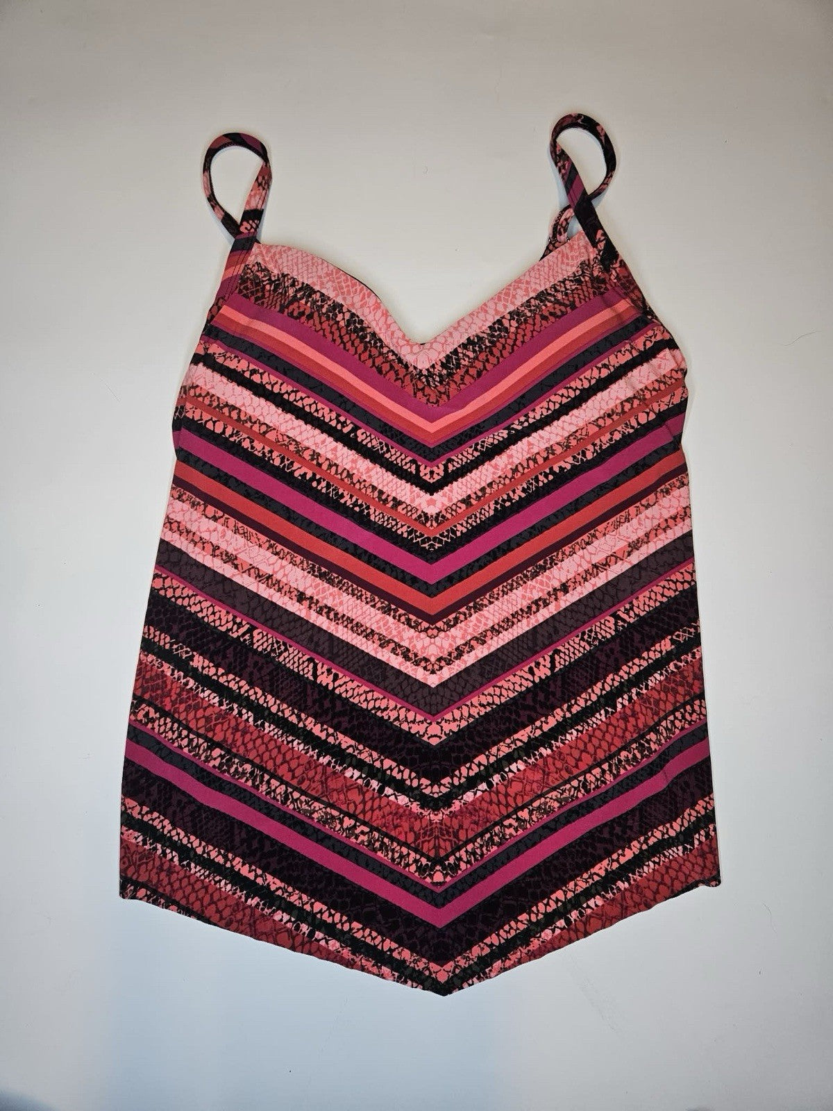 Aqua Green Tankini Top Pink Black Chevron V-Neck Adjustable Straps Size L