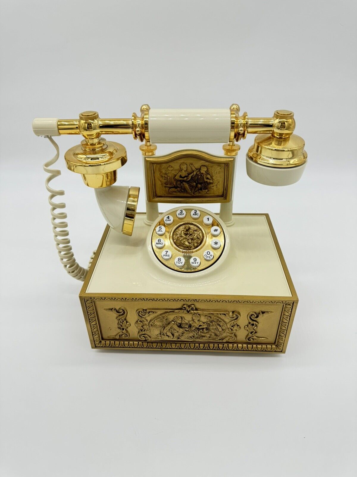 VINTAGE Telephone reproduction, Brass, Button, Desk Phone, Ivory WORKING