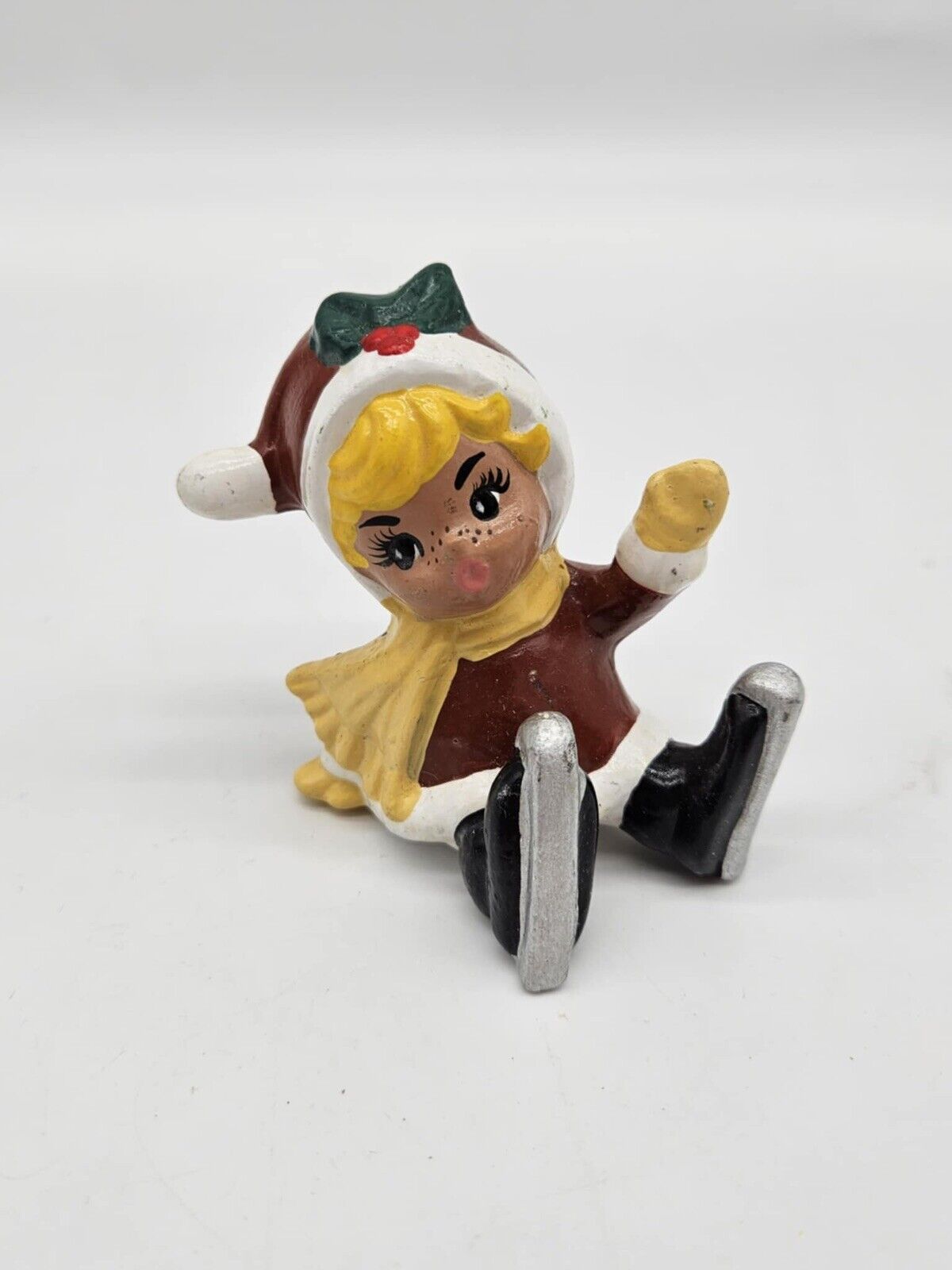 Vintage Christmas Ceramic Figurine Blond Girl W/ Freckles & Ice Skates Fallen